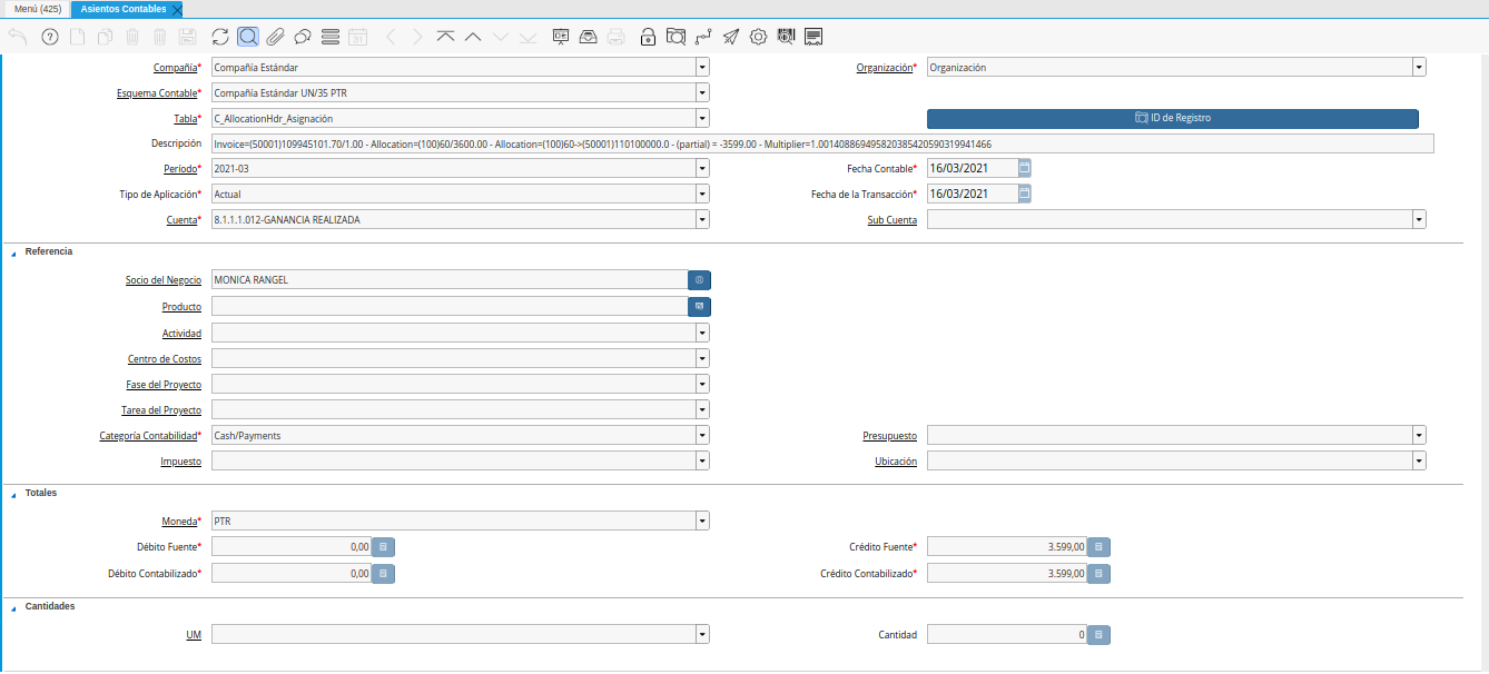 registro de hecho contable en la ventana asientos contables