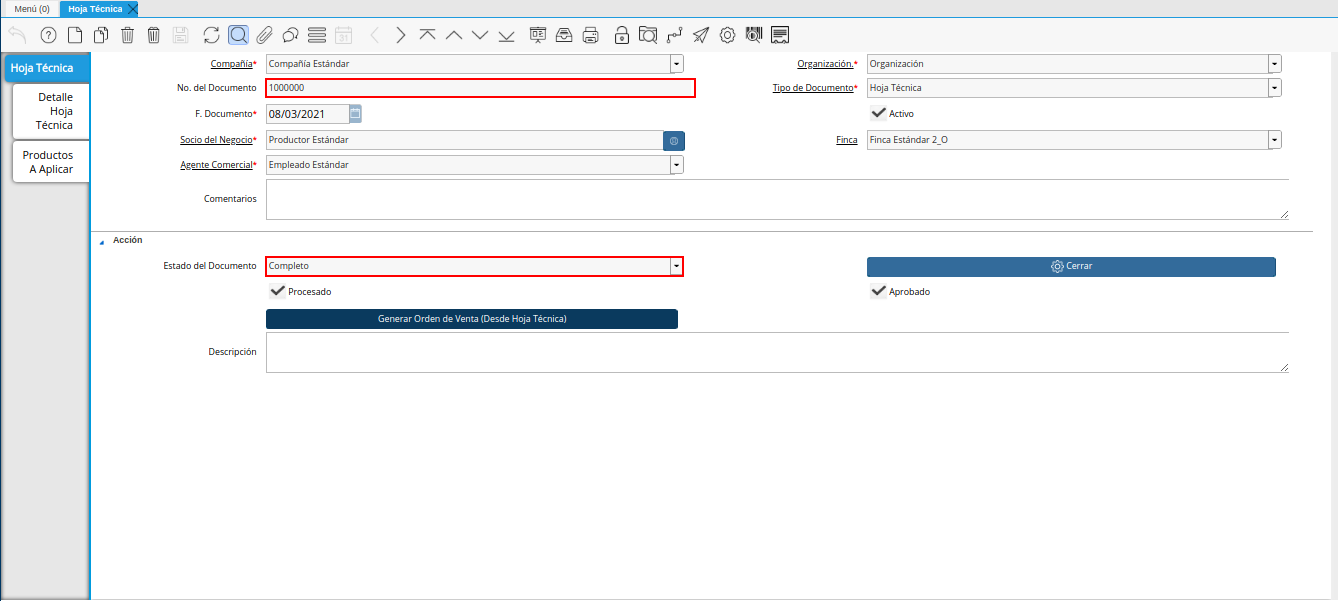 registro de hoja técnica en estado completo