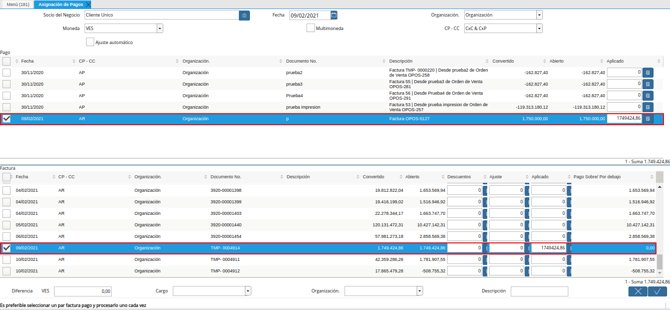selección de registros para cruces de cuentas