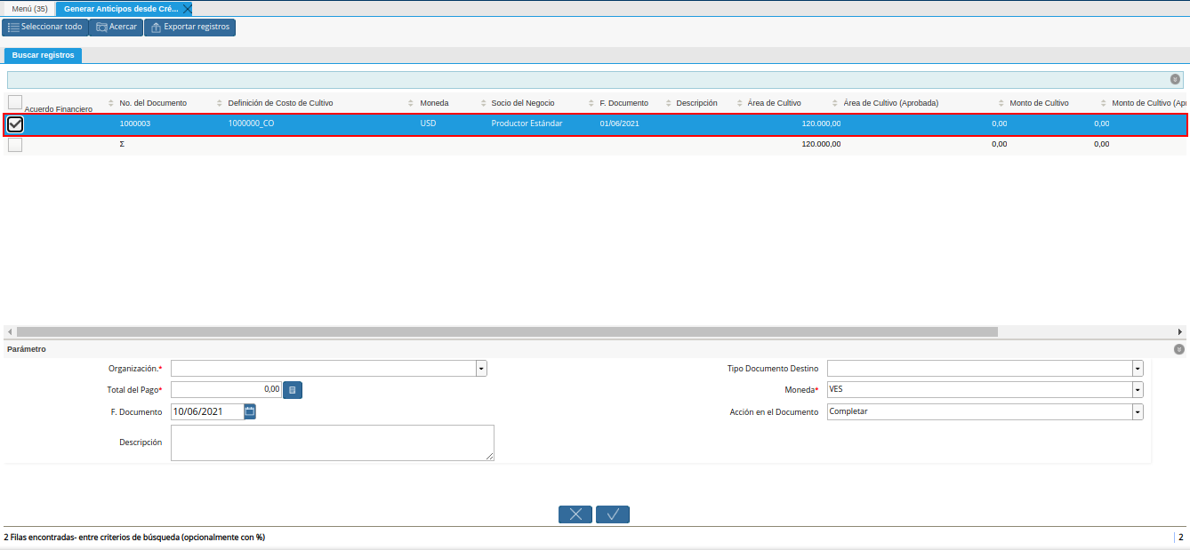 selección de registro del generar anticipos desde crédito al productor