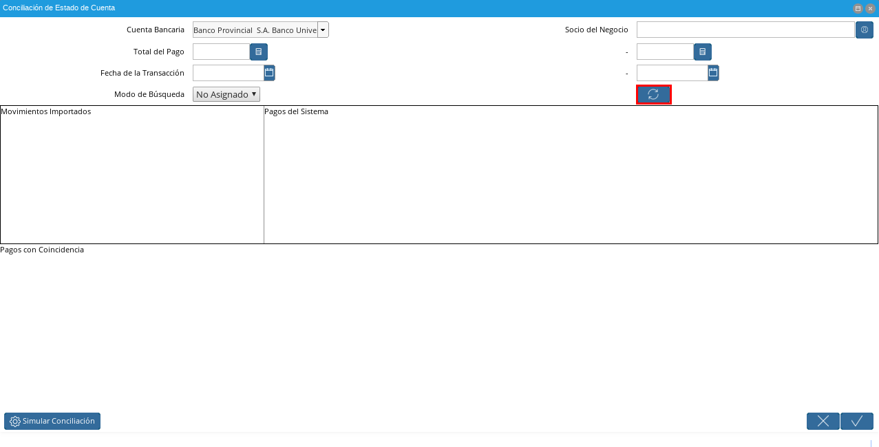 Opción Refrescar de la Ventana de Búsqueda Inteligente para Conciliación