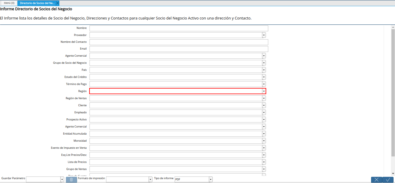 campo región del reporte directorio de socios del negocio