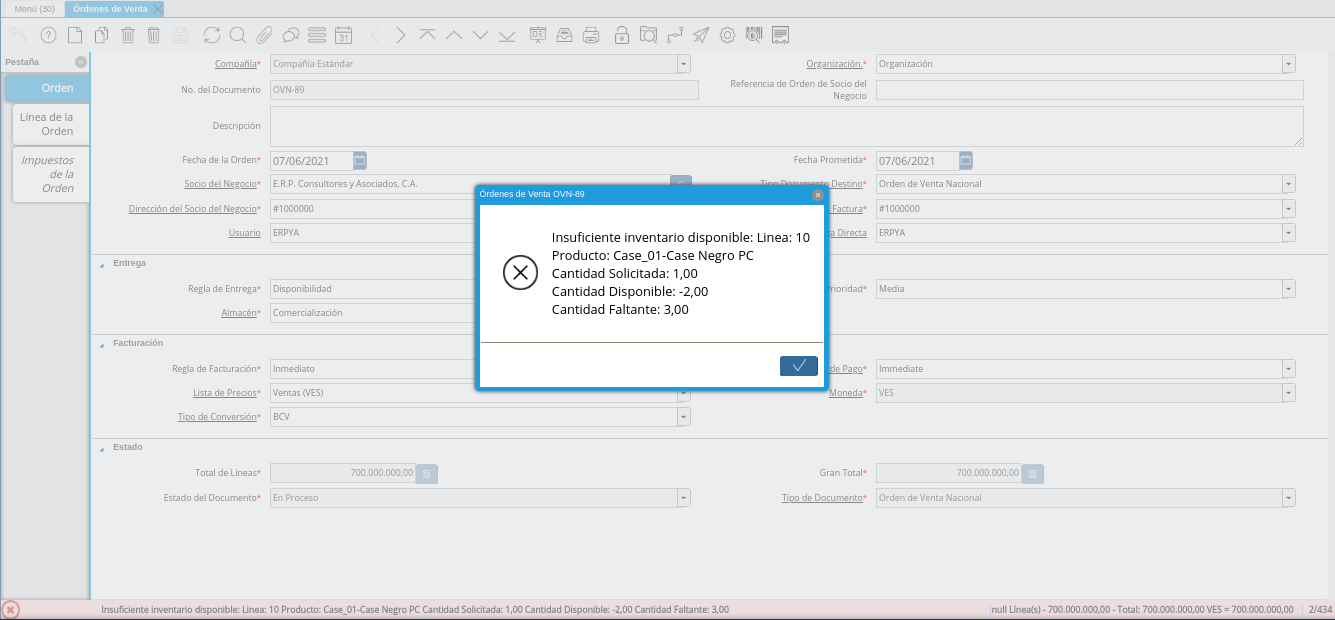 registro desde ventana órdenes de venta