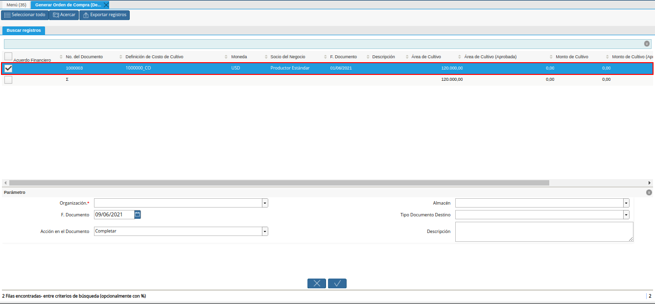 selección de registro del generar orden de compra desde financiamiento agrícola