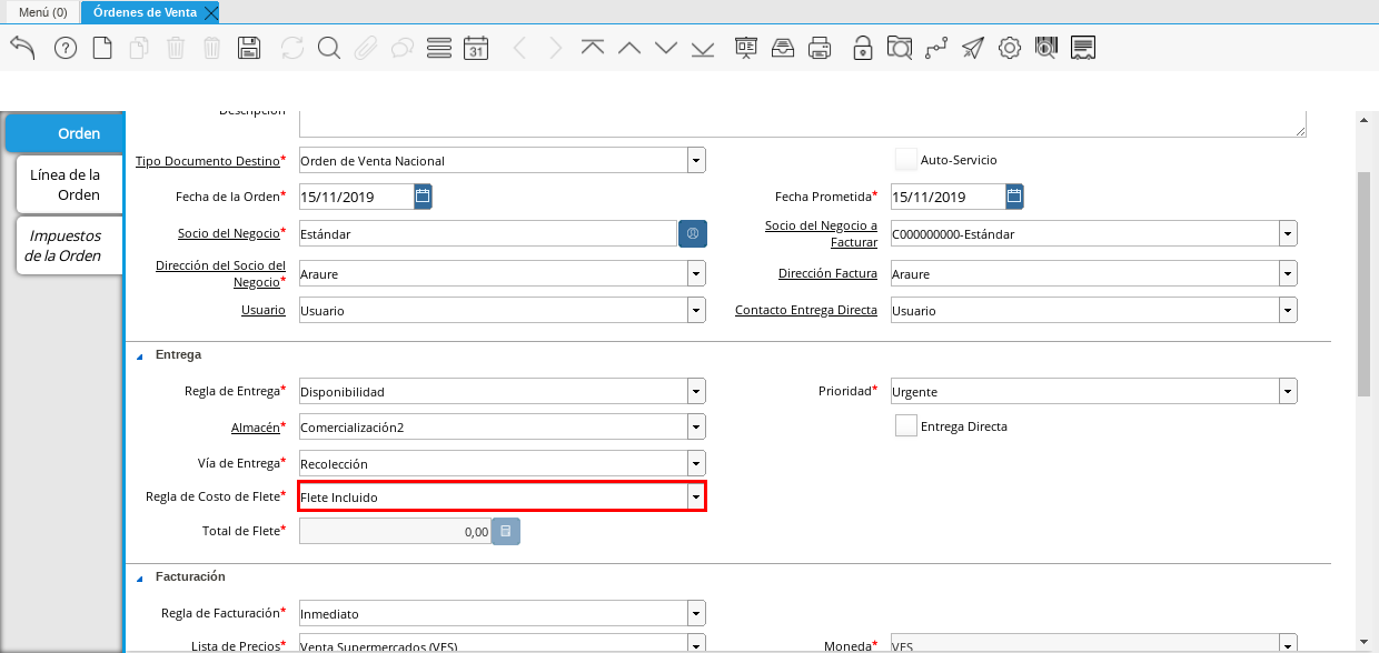 Campo Regla de Costo de Flete