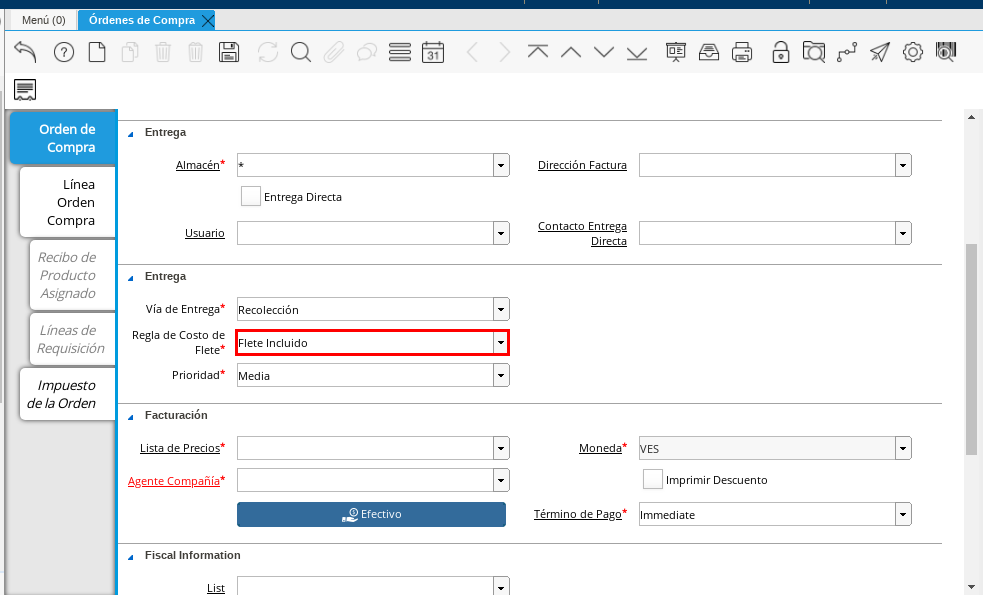 Campo Regla de Costo de Flete