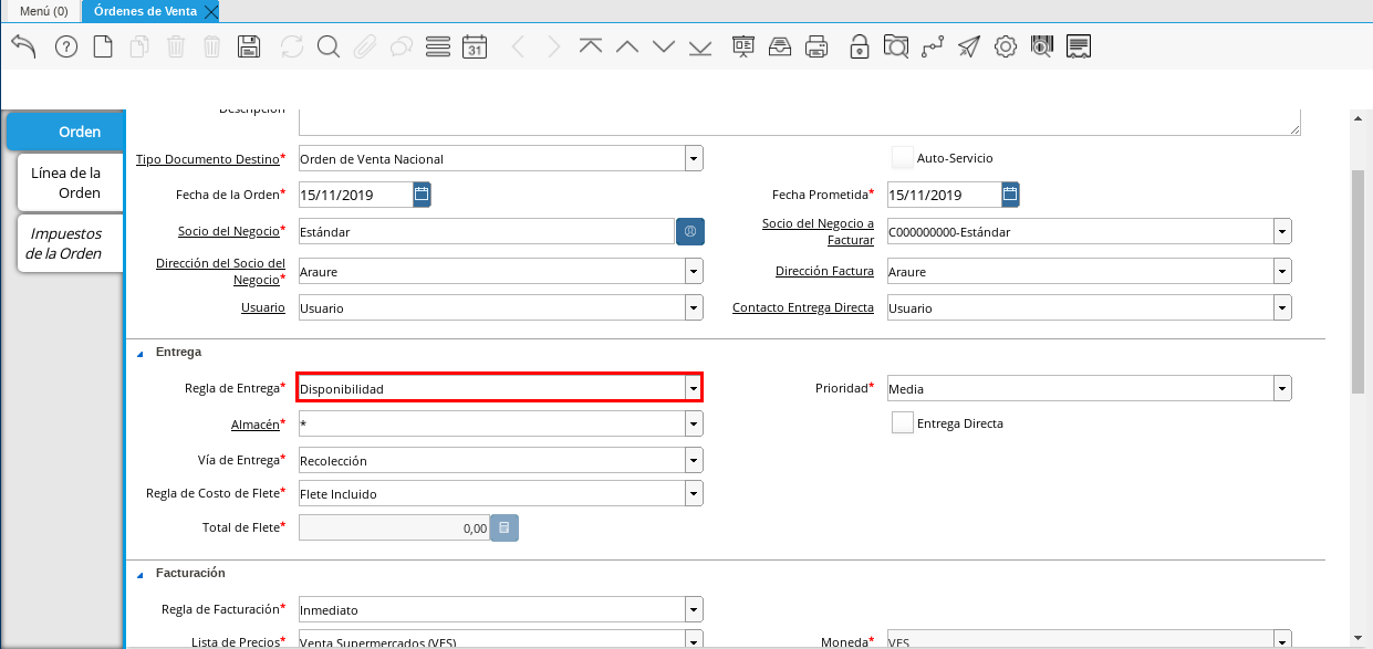 Campo Regla de Entrega