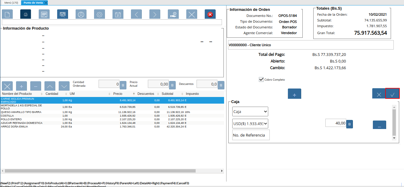Opción OK del Pago Regular del Icono Pago de la Ventana Punto de Venta