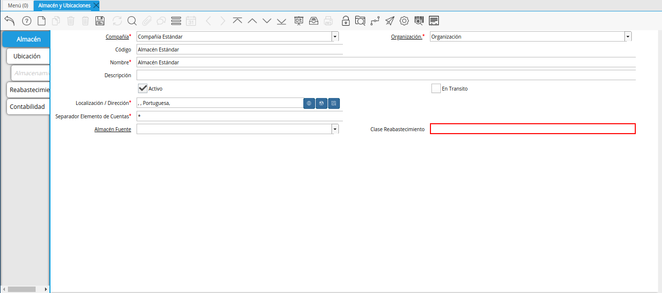 campo clase reabastecimiento de la ventana almacén y ubicaciones