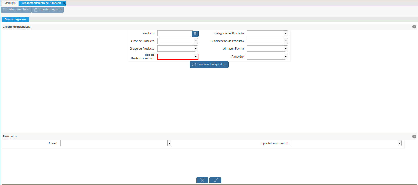 campo tipo de reabastecimiento de la ventana reabastecimiento de almacén