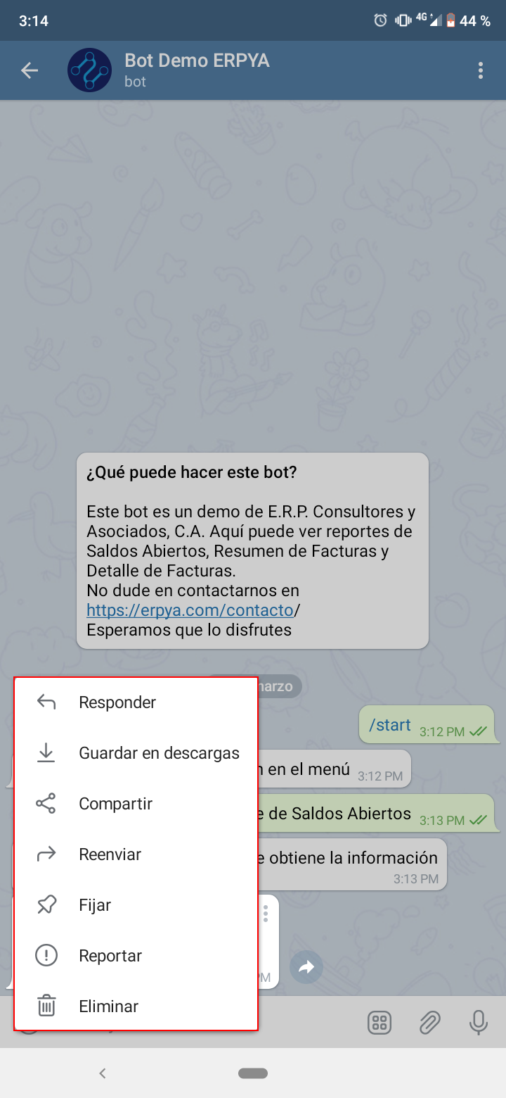 menú desplegado del mensaje de reporte
