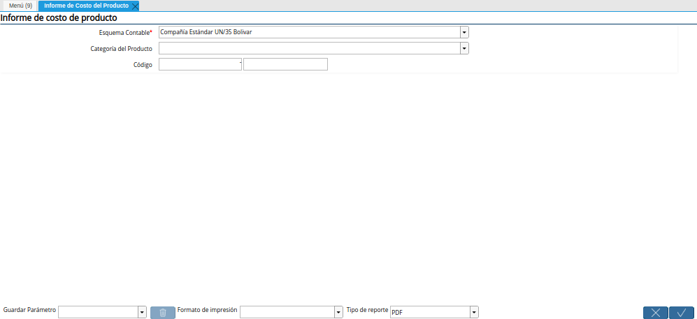 Ventana del Reporte para Generar el Informe de Costo del Producto