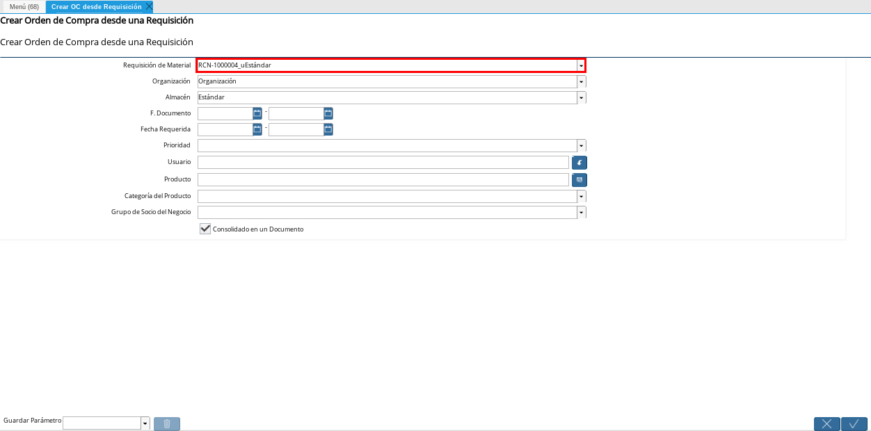 Campo Requisición de Material