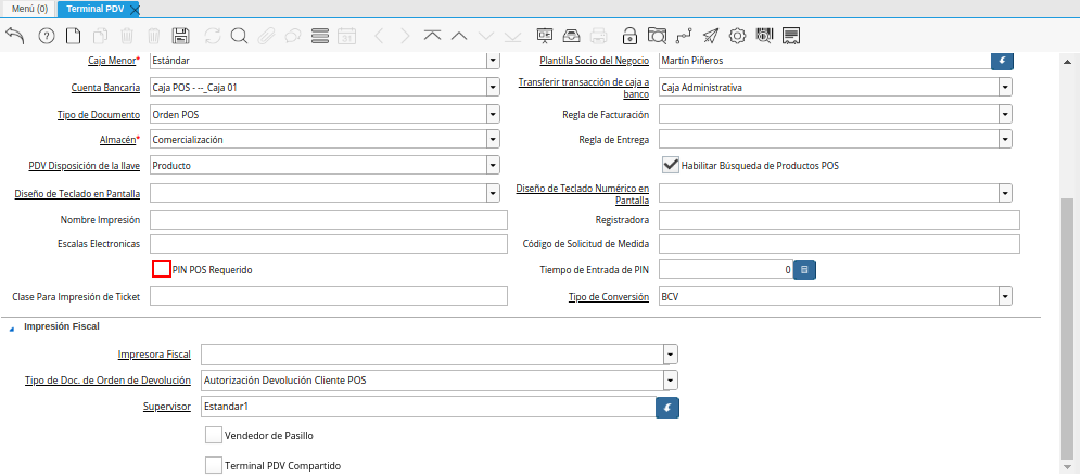 Campo PIN POS Requerido de la Ventana Terminal PDV