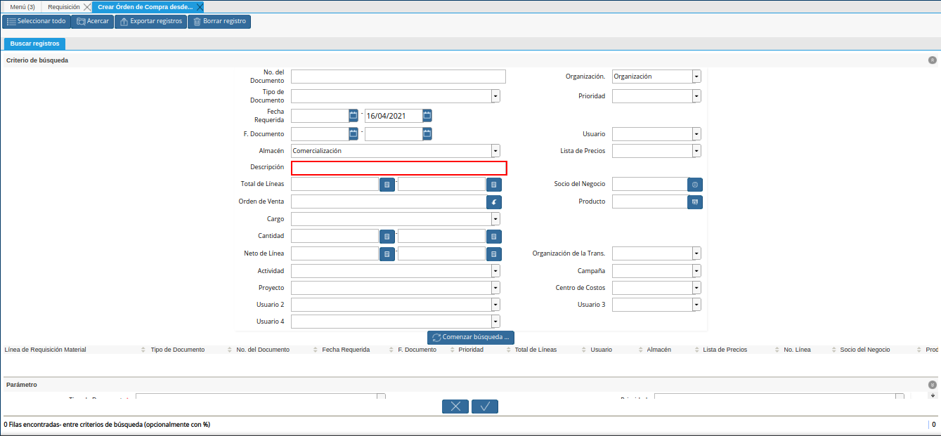 campo descripción de la requisición