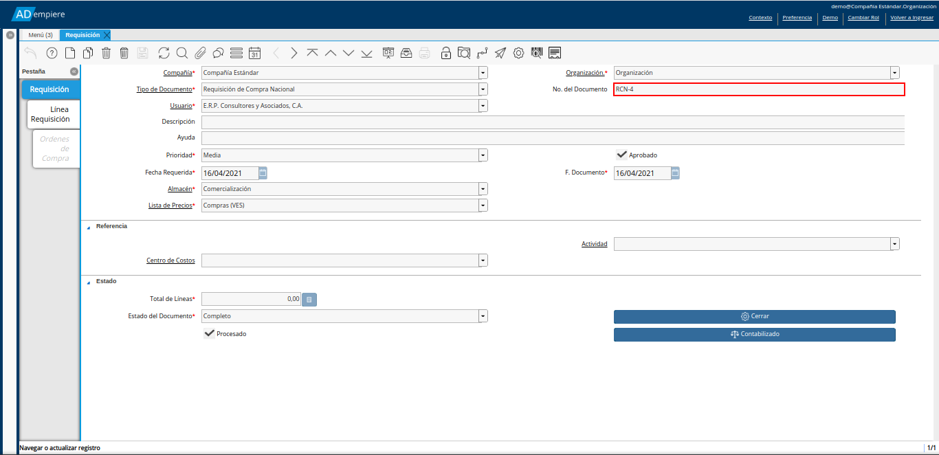 requisición para el proceso crear oc desde líneas de requisición