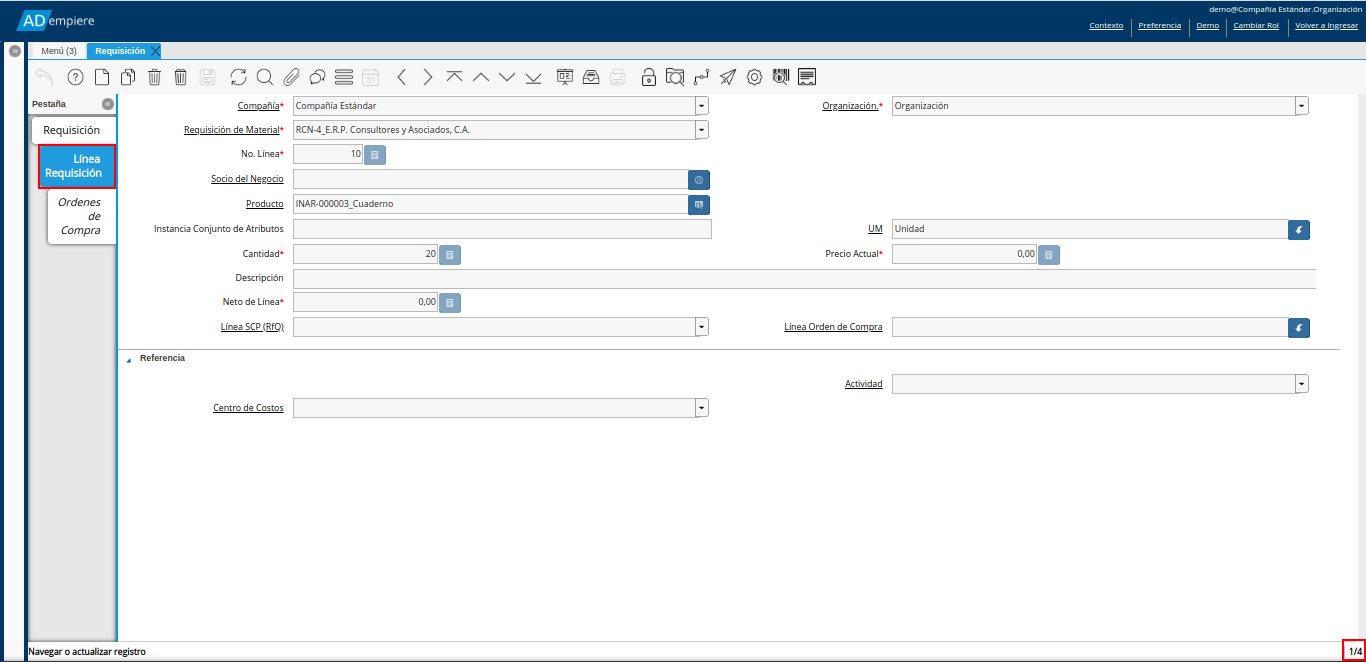 pestaña línea requisición