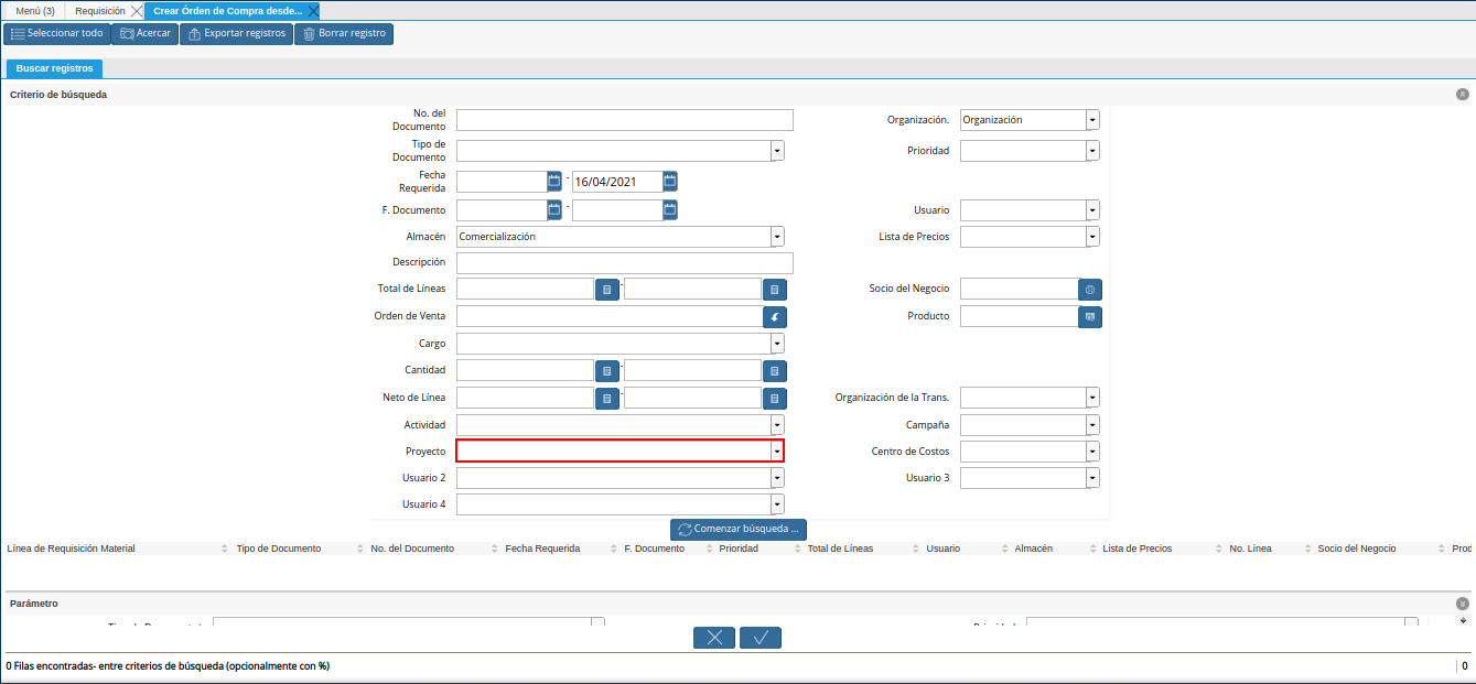 campo proyecto de la requisición