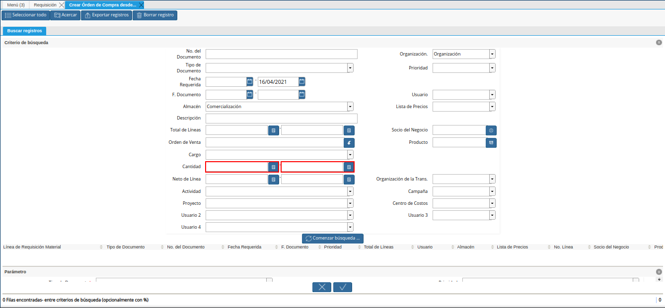 campo cantidad de la requisición