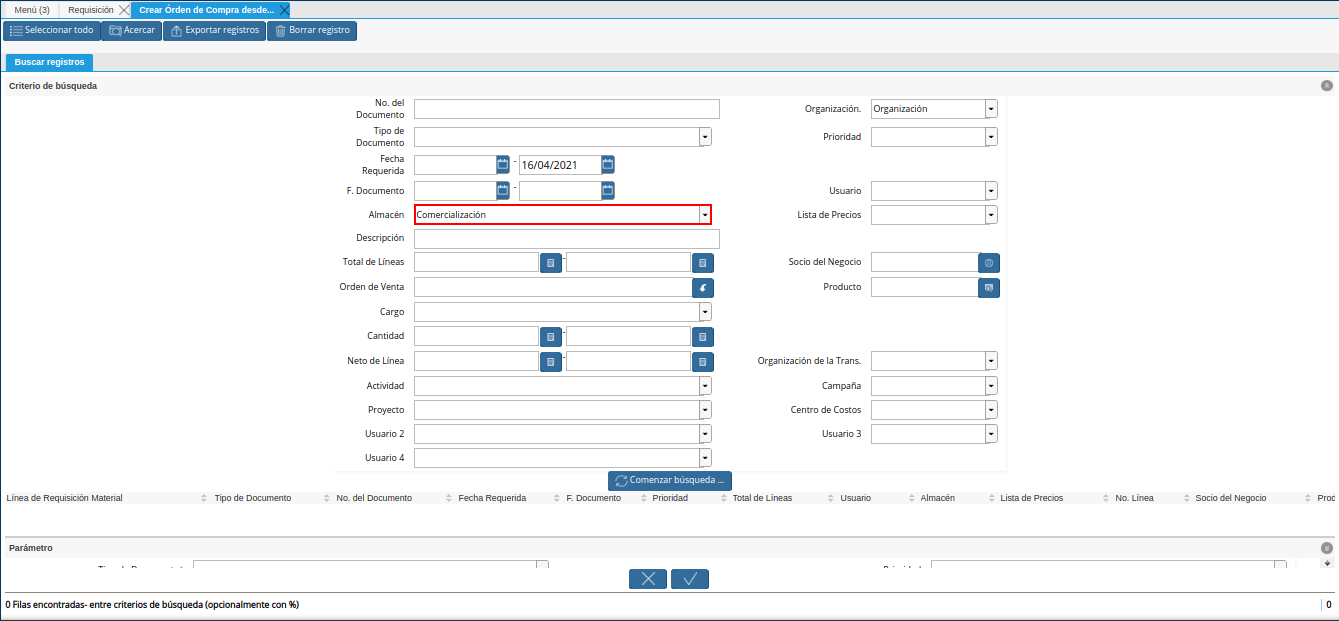 campo almacén de la requisición