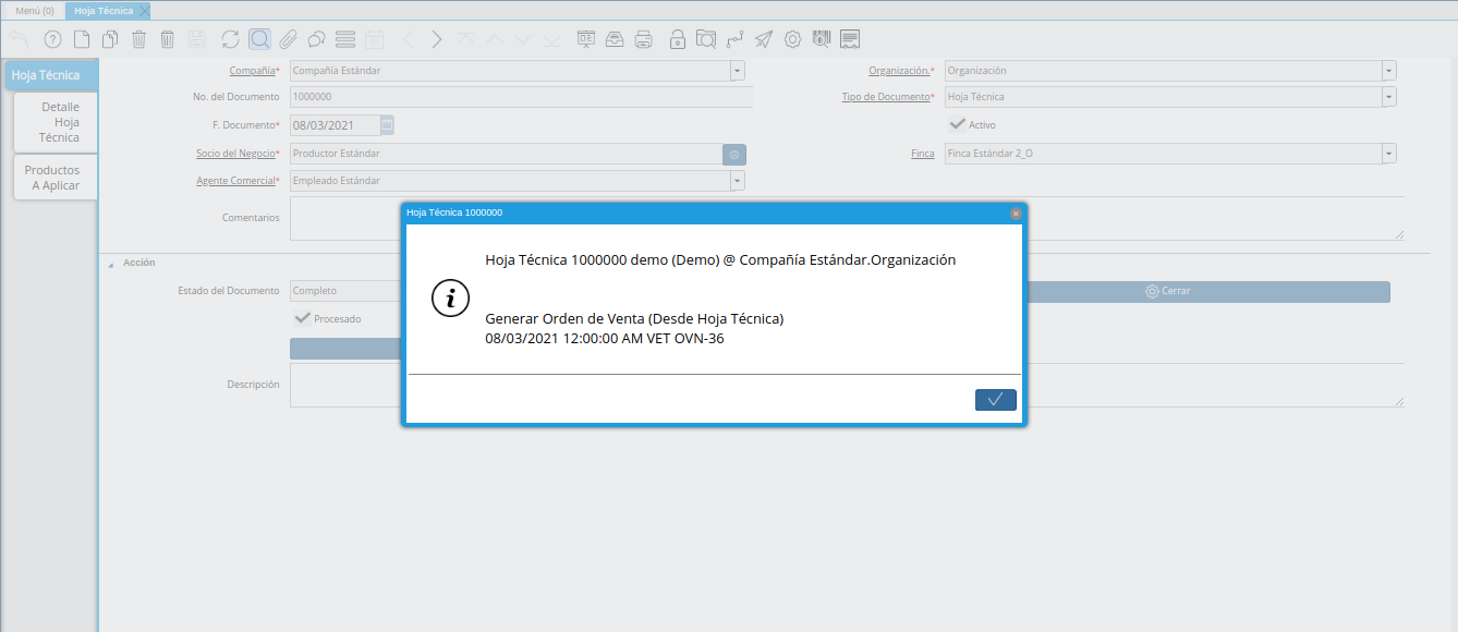 mensaje de resultado del proceso generar orden de venta desde hoja técnica