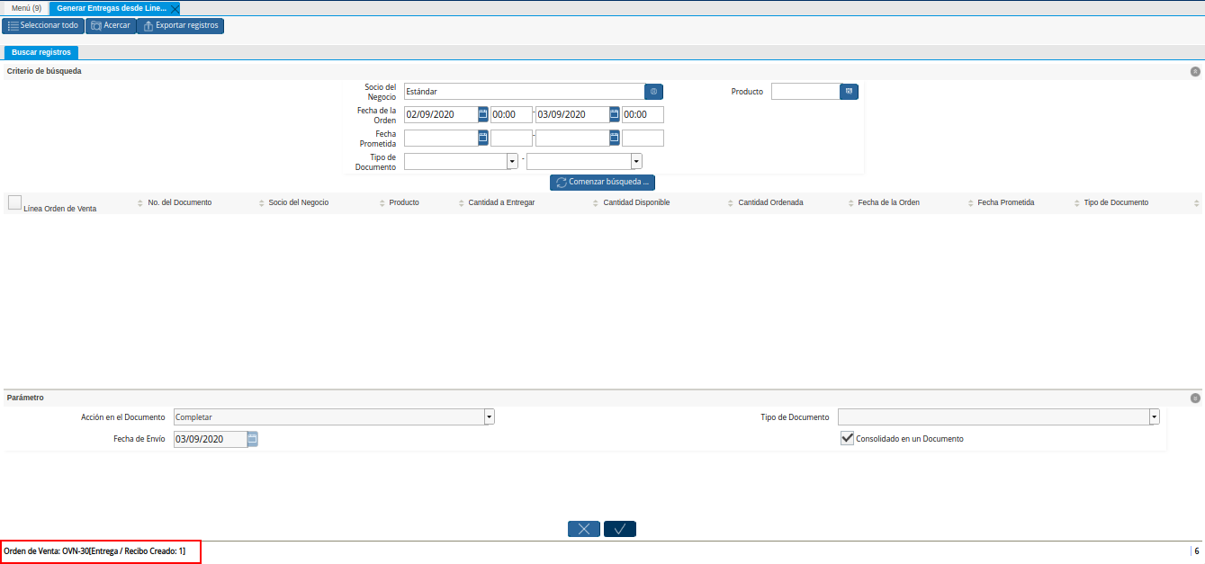 Resultado de la Entrega Generada desde Líneas de la Orden