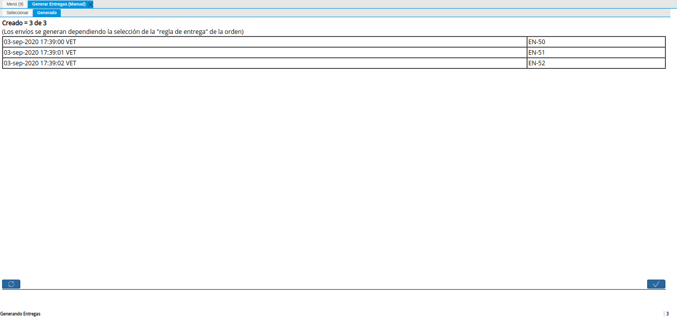 Resultado del Proceso Generar Entregas Manual