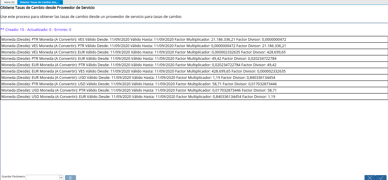 Resultado del Proceso Obtener Tasas de Cambio desde Proveedor