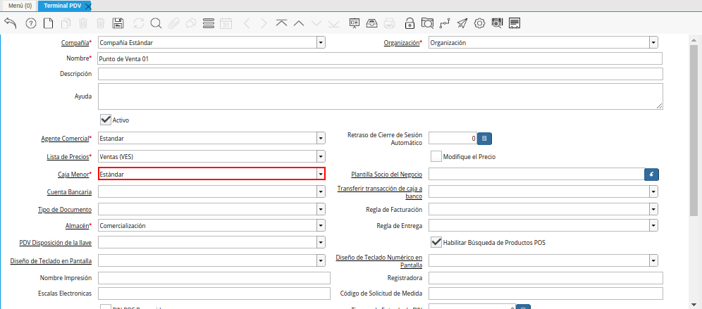 Campo Caja Menor de la Ventana Terminal PDV