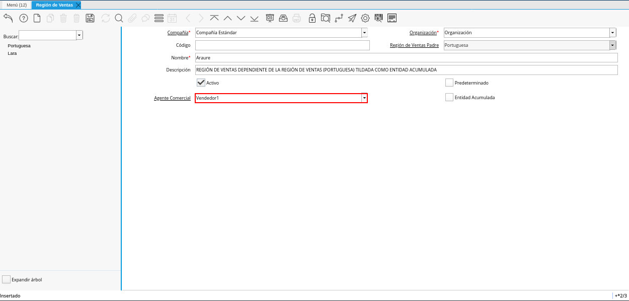 Campo Agente Comercial de la Ventana Región de Ventas