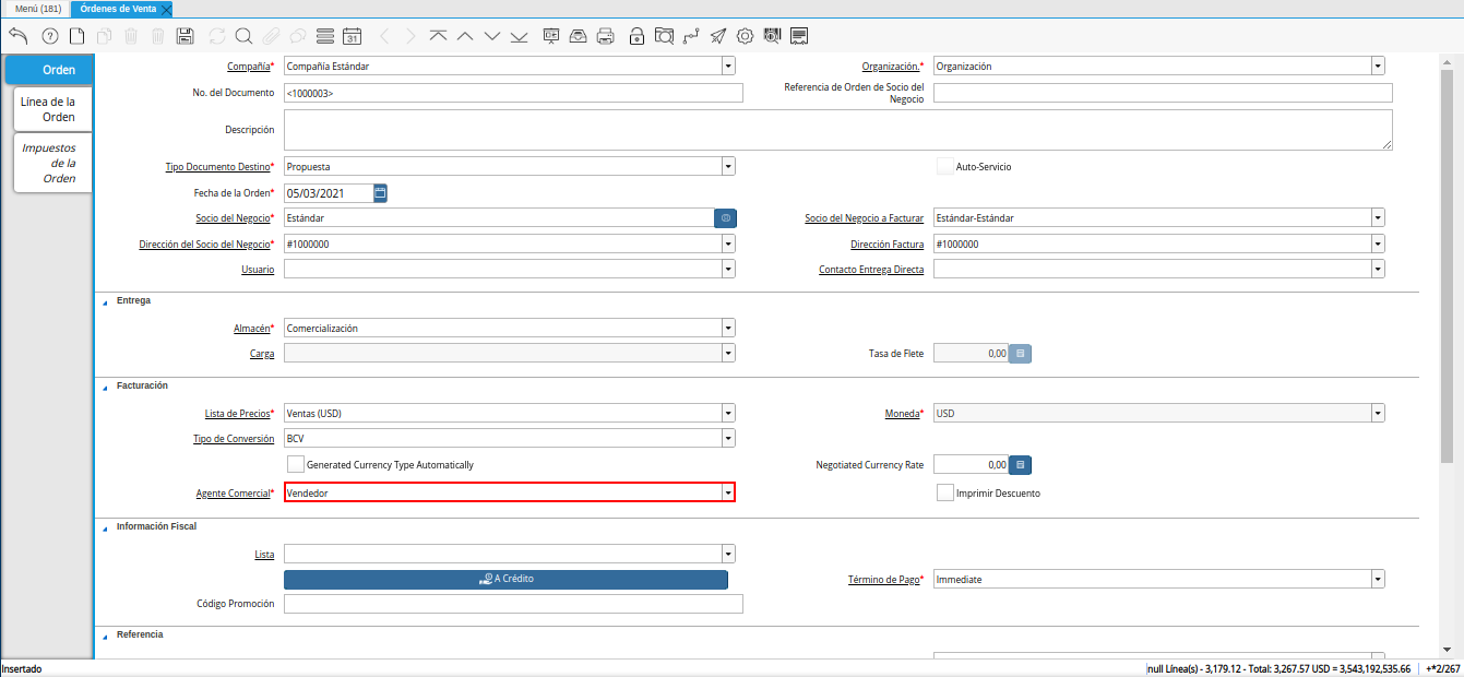 campo agente comercial de la ventana órdenes de venta