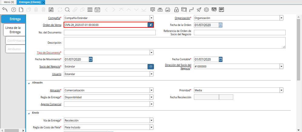 Campo Orden de Venta de la Ventana Entregas Cliente
