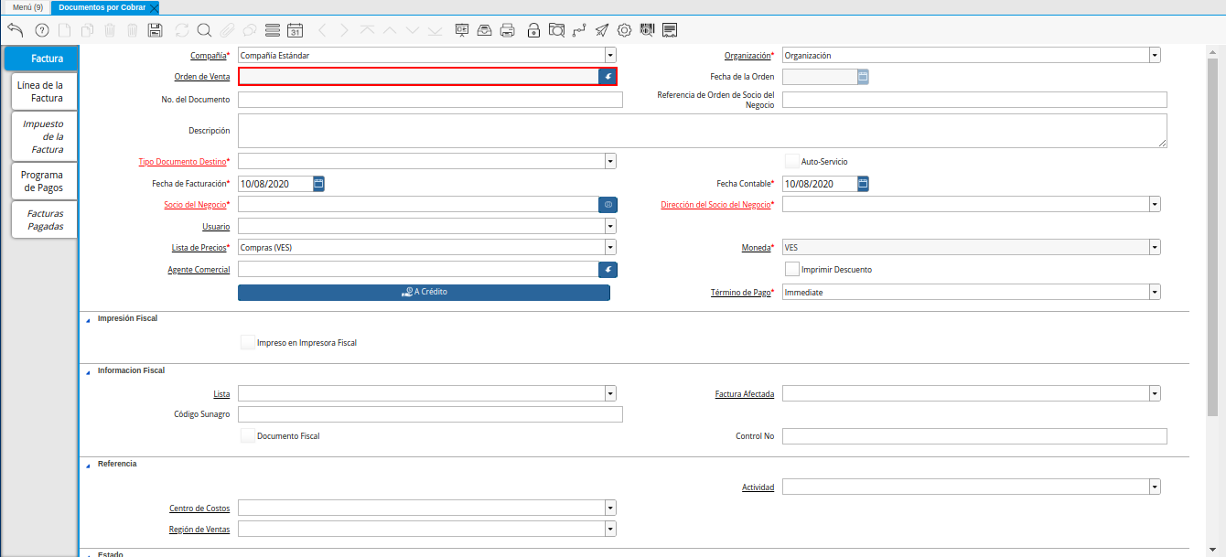 Campo Orden de Venta de la Ventana Documentos por Cobrar