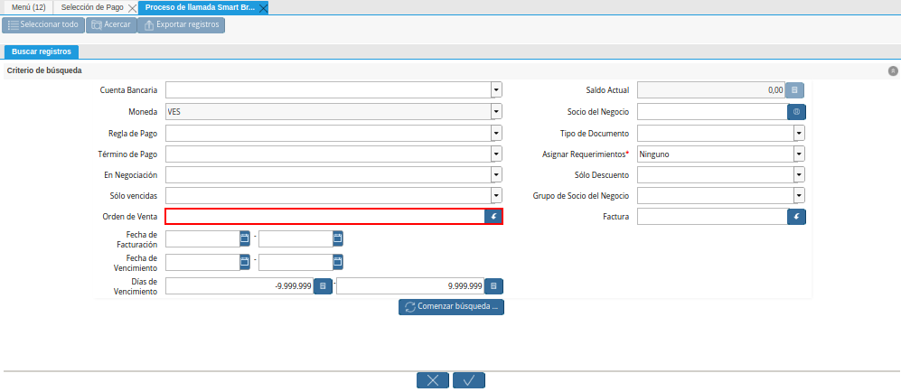 Campo Orden de Venta de la Ventana de Búsqueda Inteligente del Proceso Crear Desde Factura