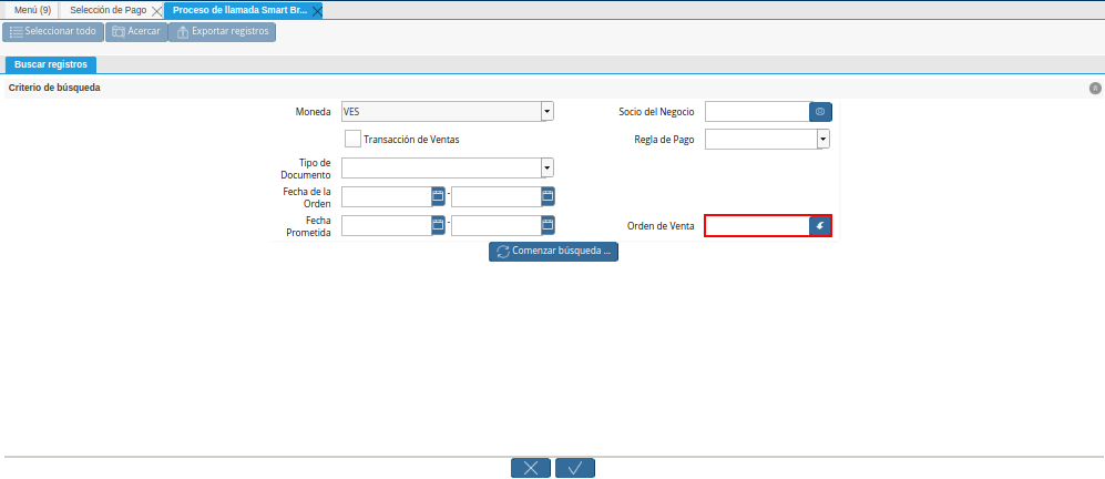 Campo Orden de Venta de la Ventana de Búsqueda Inteligente del Proceso Crear Desde Orden