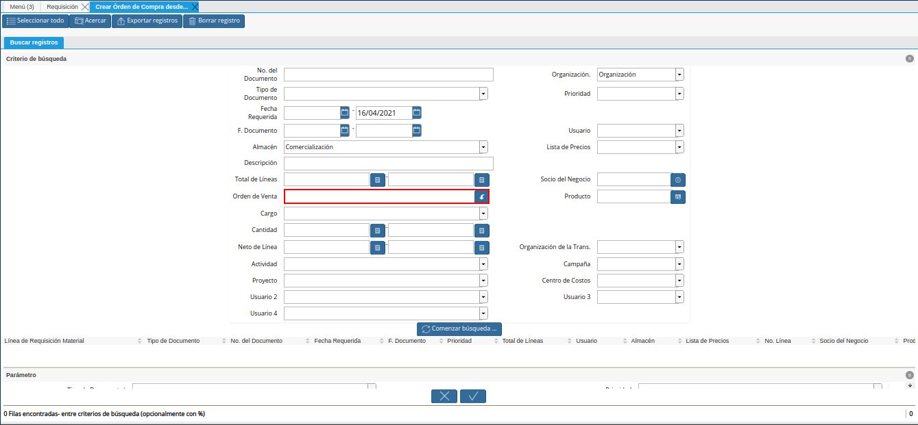 campo orden de venta de la requisición