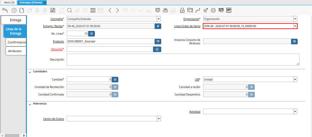 Campo Línea de la Orden de Venta de la Pestaña Línea de la Entrega de la Ventana Entregas Cliente