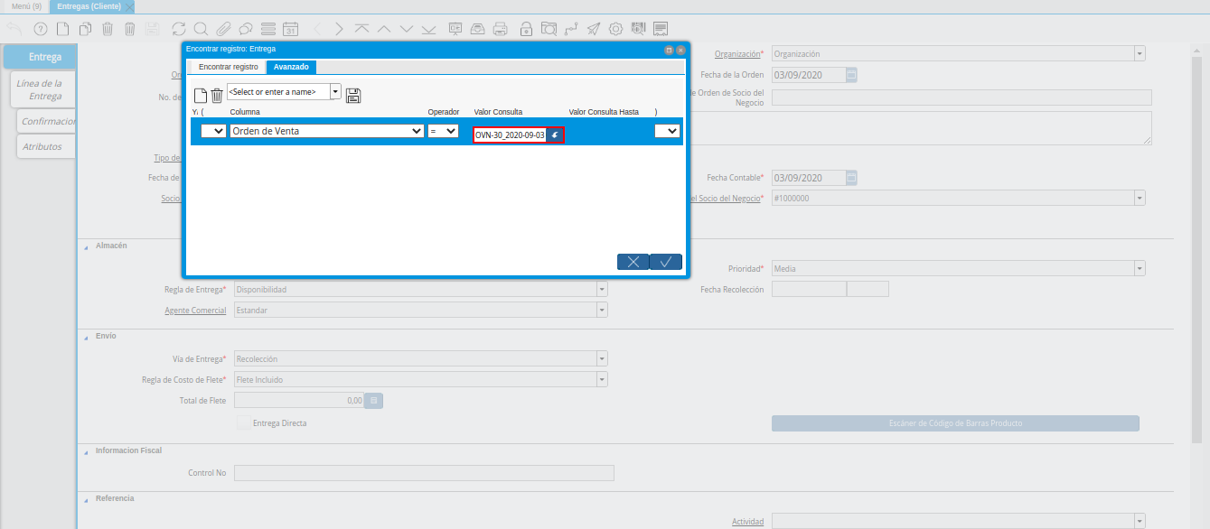 Número de Orden de Venta en la Ventana Encontrar Registro Entrega