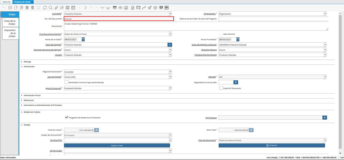 consulta de orden de venta generada desde el proceso generar orden de venta desde hoja técnica