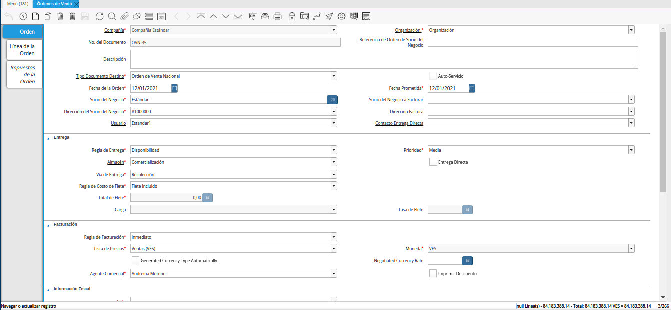 ventana órdenes de venta