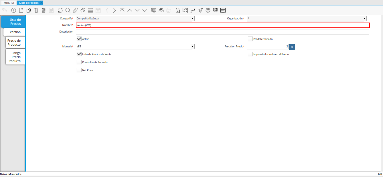 registro de ventas ves para lista de precios desde otra