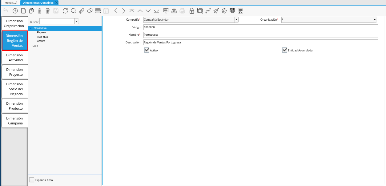 Pestaña Dimensión Región de Ventas