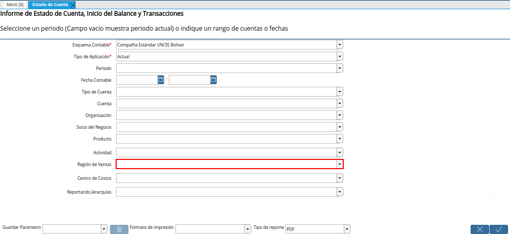 Campo Región de Ventas de la Ventana Estado de Cuenta