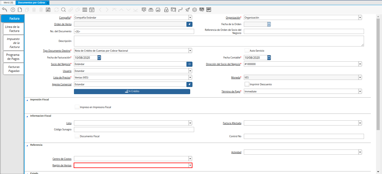 Campo Región de Ventas de la Nota de Crédito de CxC