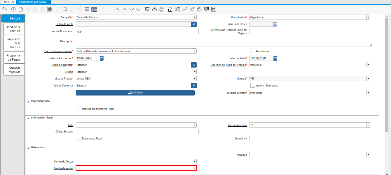 Campo Región de Ventas de la Nota de Débito de CxC