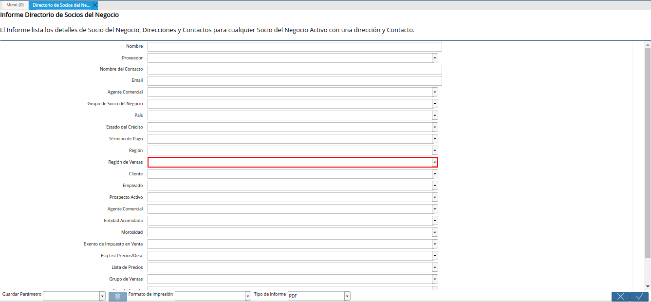 campo región de ventas del reporte directorio de socios del negocio
