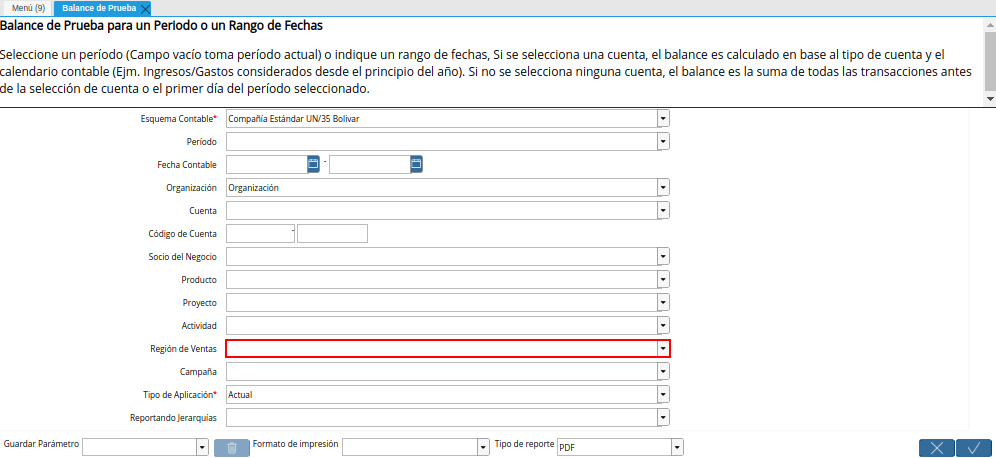 Campo Región de Ventas de la Ventana Balance de Prueba