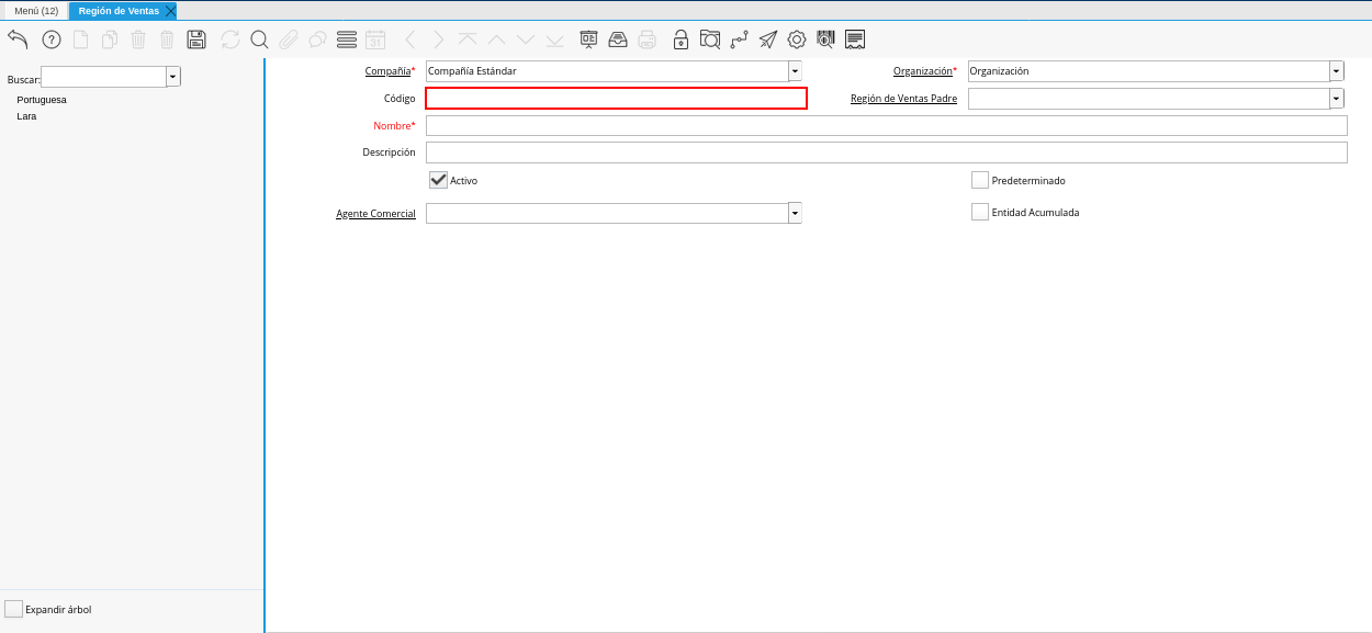 Campo Código de la Ventana Región de Ventas