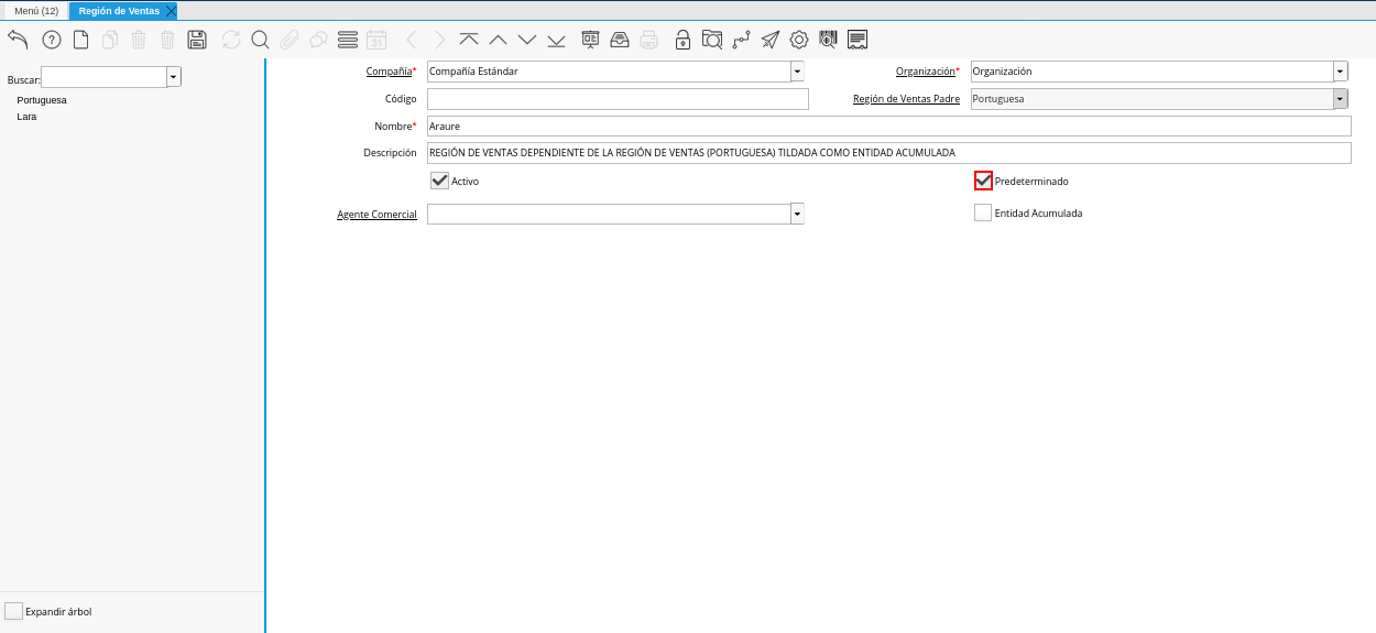 Checklist Predeterminado de la Ventana Región de Ventas