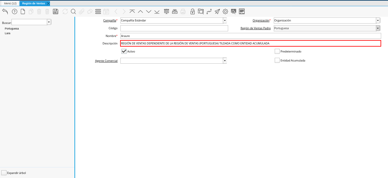 Campo Descripción de la Ventana Región de Ventas